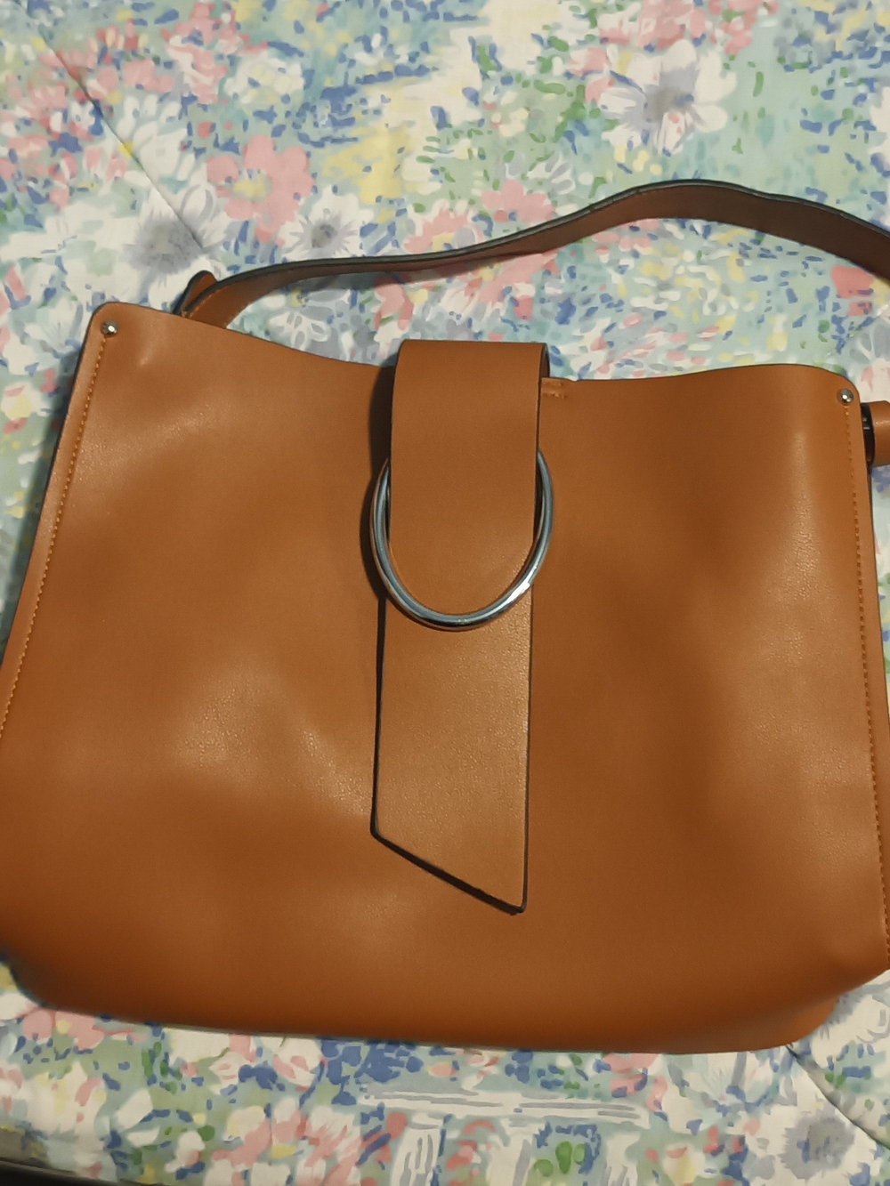 Classic Tan Shoulder Bag with Silver Ring Accent